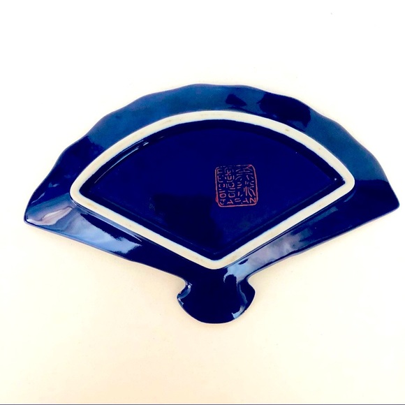 Antique Japanese Porcelain Fan Plate & Flowers Bowl Cobalt Blue. Collectible - Picture 5 of 8